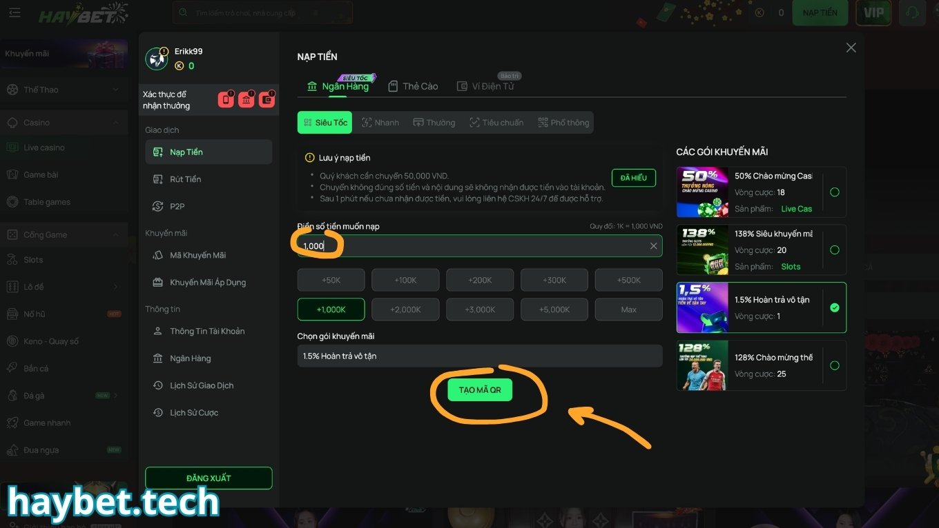 Nạp tiền HAYBET qua QRcode
