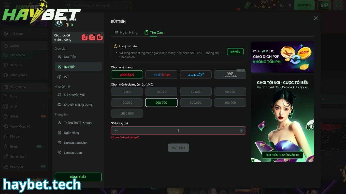 Rút tiền HAYBET qua thẻ cào điện thoại